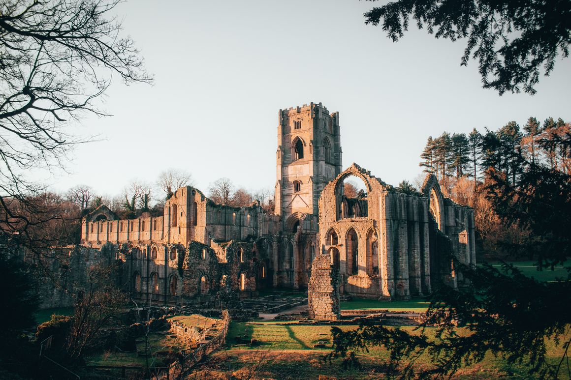 Fountains Abbey ruins in warm evening light framed by trees