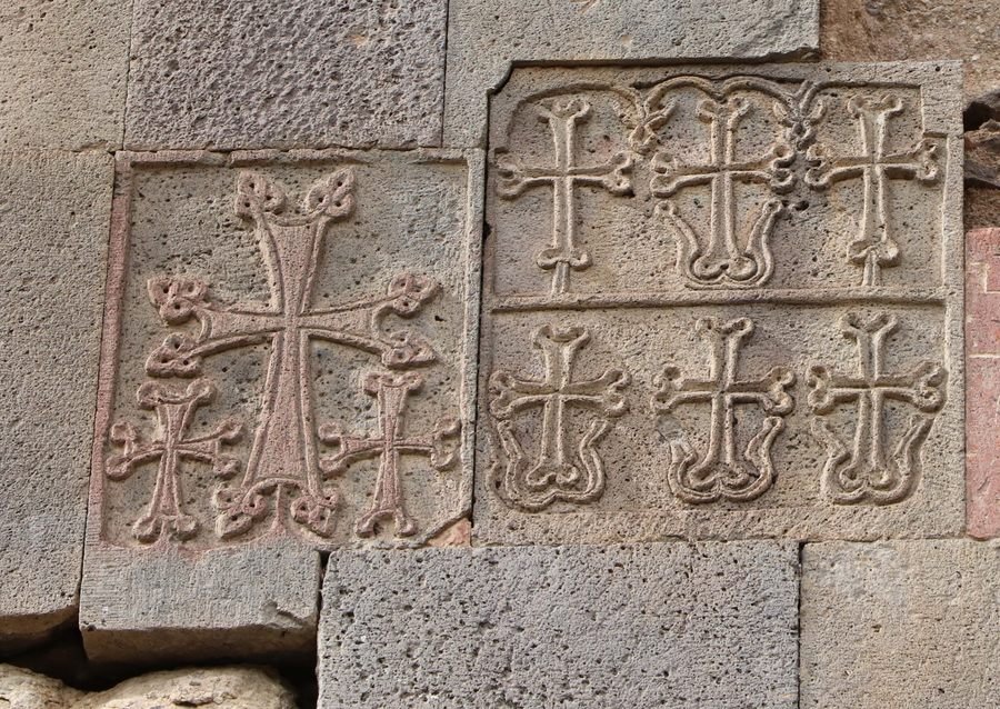 Khachkars on the south wall of the Chapel of St Gregory at Geghard