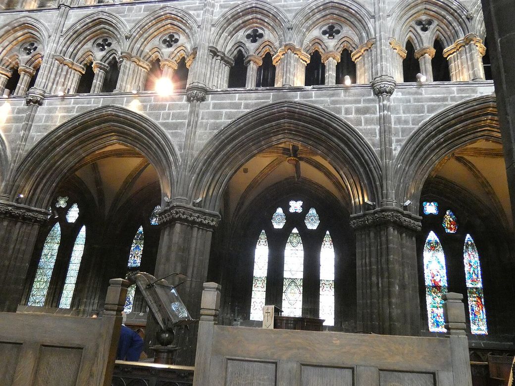 The arcade, triforium and clerestory of the choir of Glasgow Cathedral