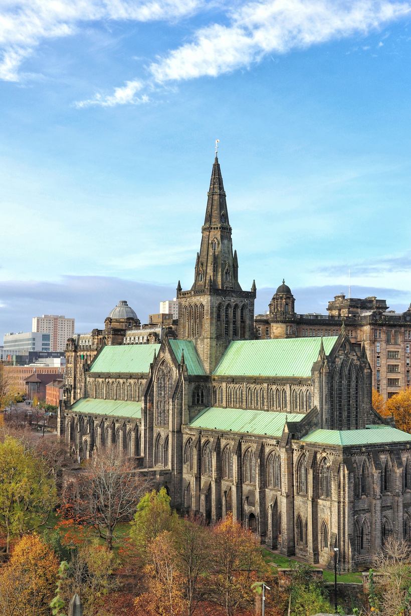Glasgow Cathedral with its central tower, spire and green copper roofs