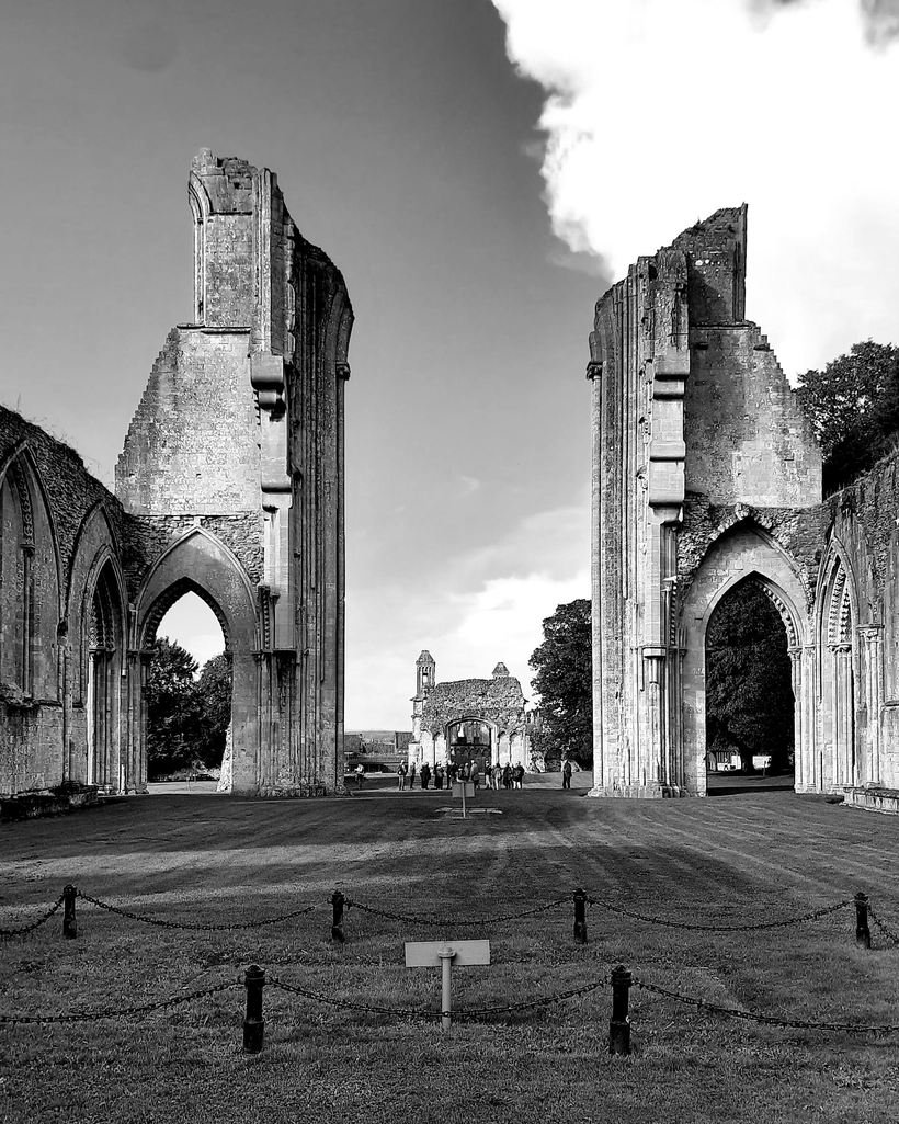 The surviving walls of the great church at Glastonbury Abbey