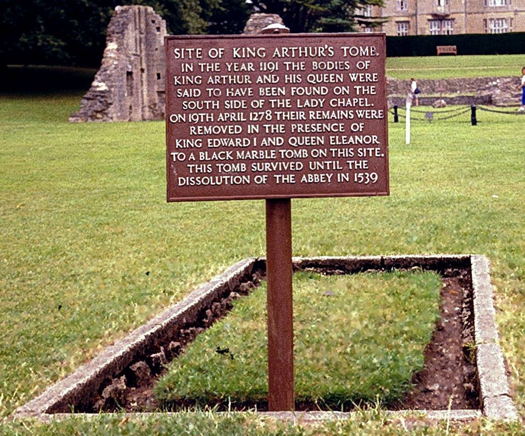 The marked site of the high altar and King Arthur's grave at Glastonbury Abbey