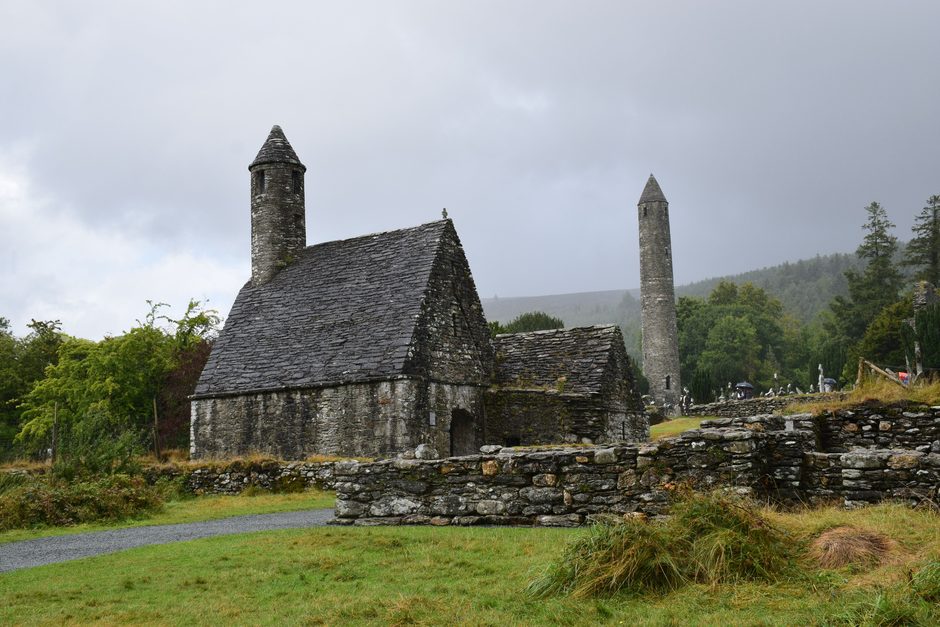 St Kevin's Church and the round tower at Glendalough