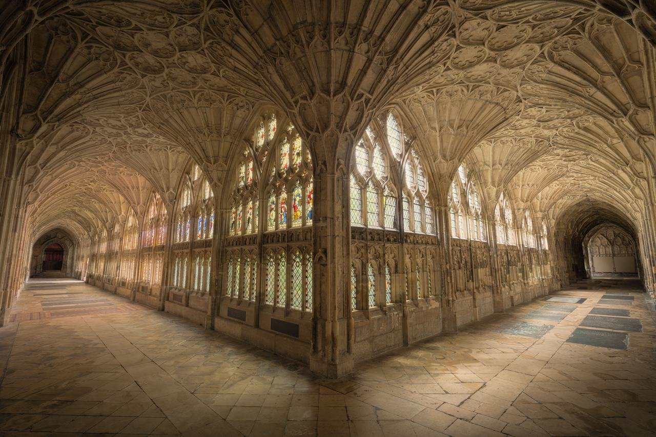The fan vaulted ceiling of the cloisters at Gloucester Cathedral