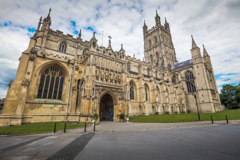 The Perpendicular tower of Gloucester Cathedral above the city