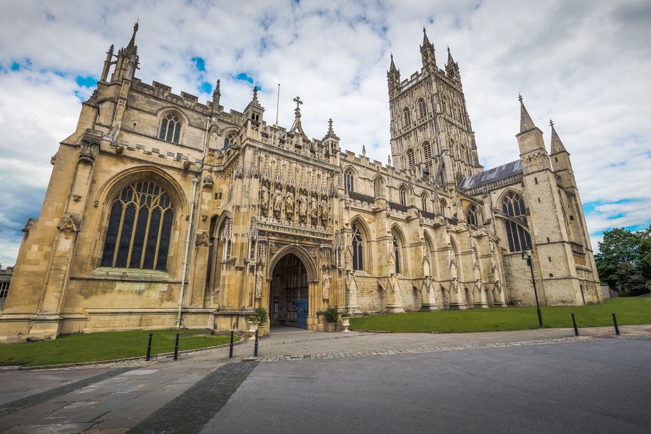 The Perpendicular tower of Gloucester Cathedral above the city
