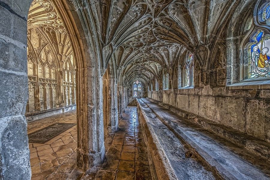 The monks' washing place in the north cloister walk at Gloucester Cathedral