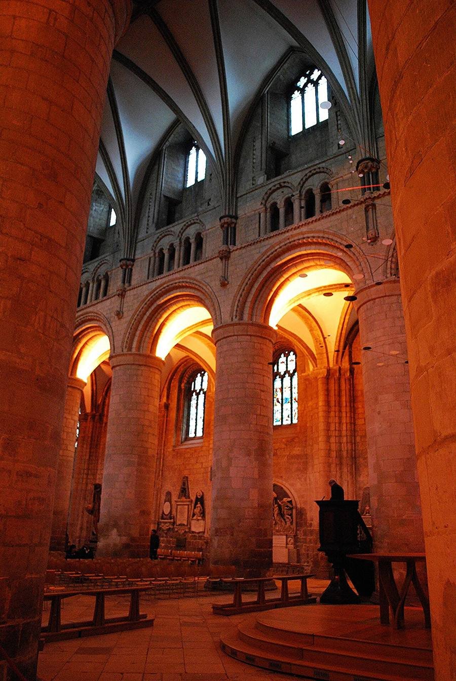 The Norman nave of Gloucester Cathedral with its huge round piers