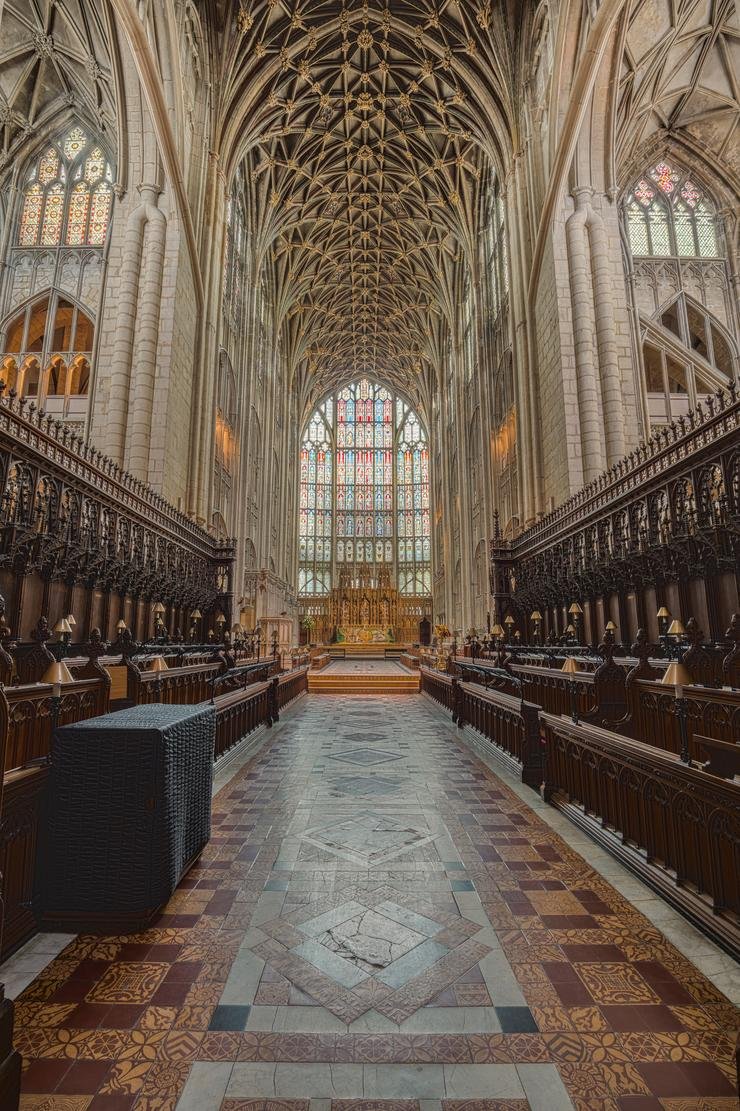 The quire of Gloucester Cathedral looking east to the Great East Window