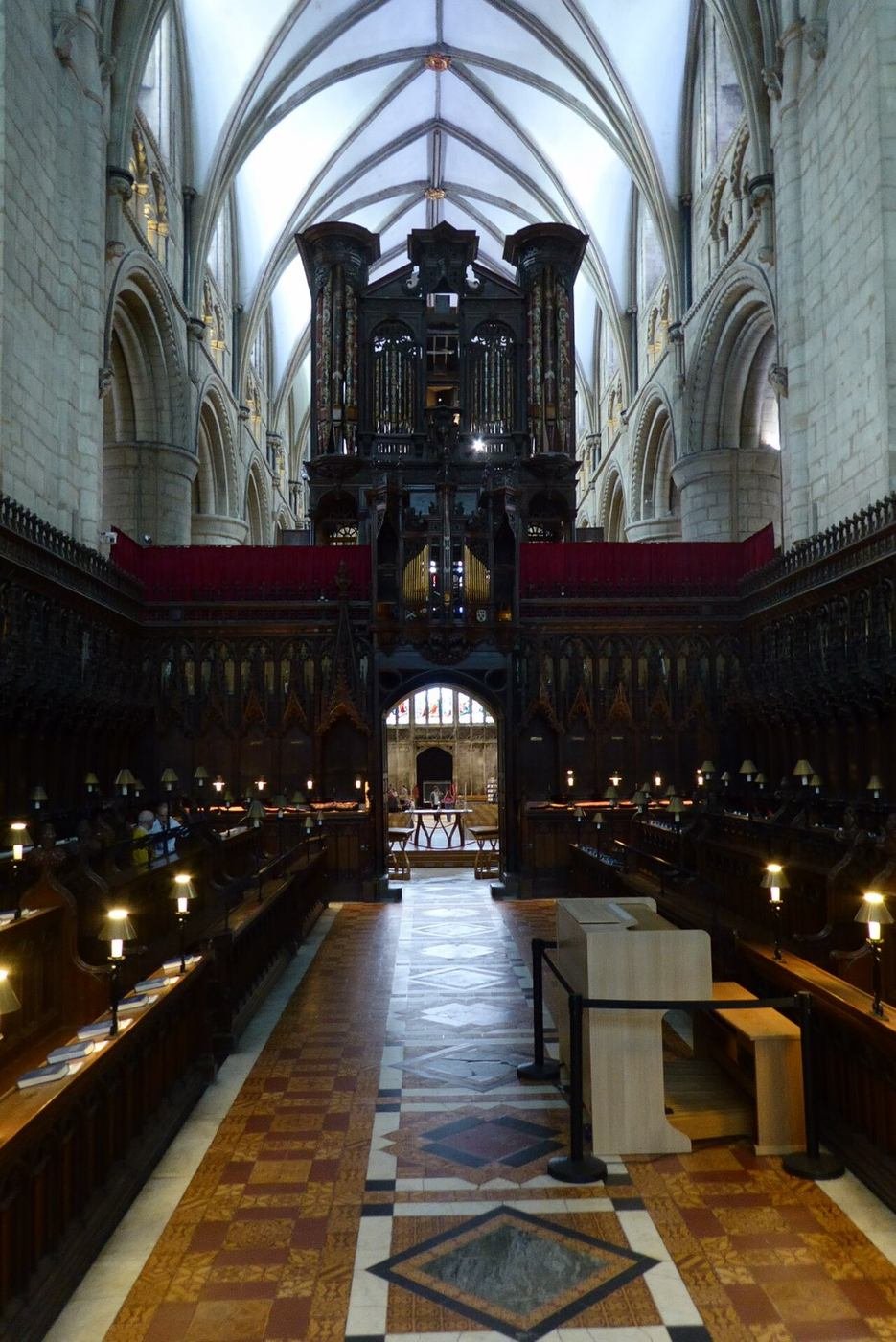 The quire of Gloucester Cathedral looking east towards the great window