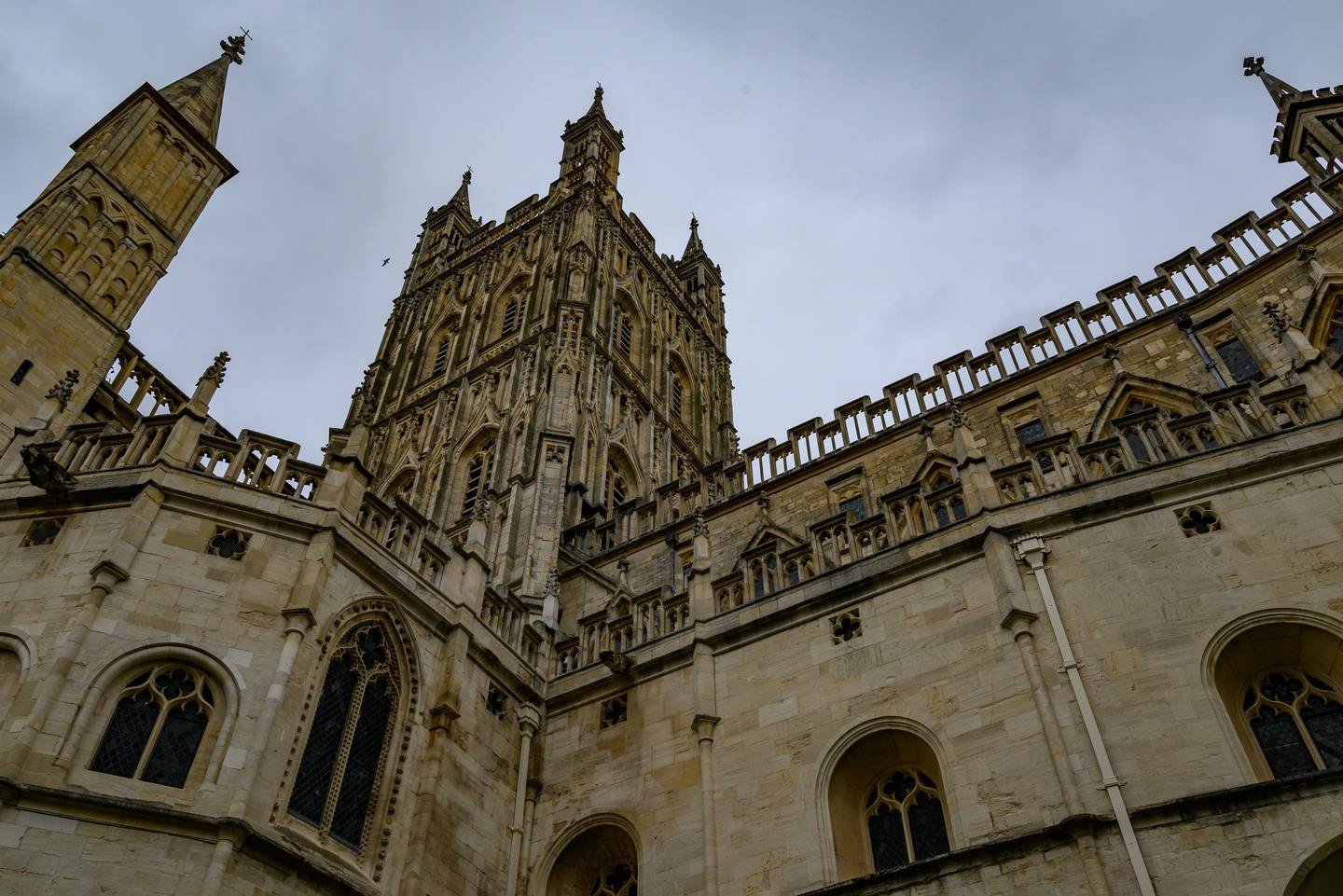 The central tower of Gloucester Cathedral with its openwork parapet