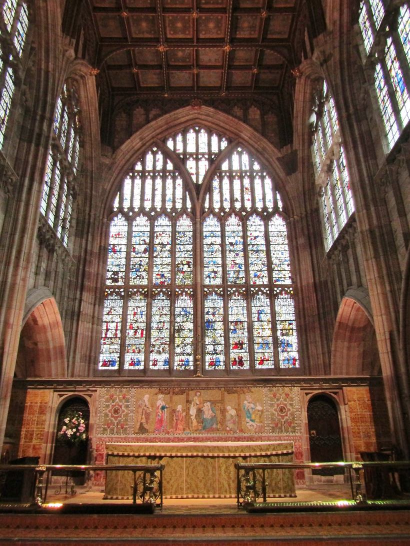 The great east window of Great Malvern Priory filled with medieval stained glass