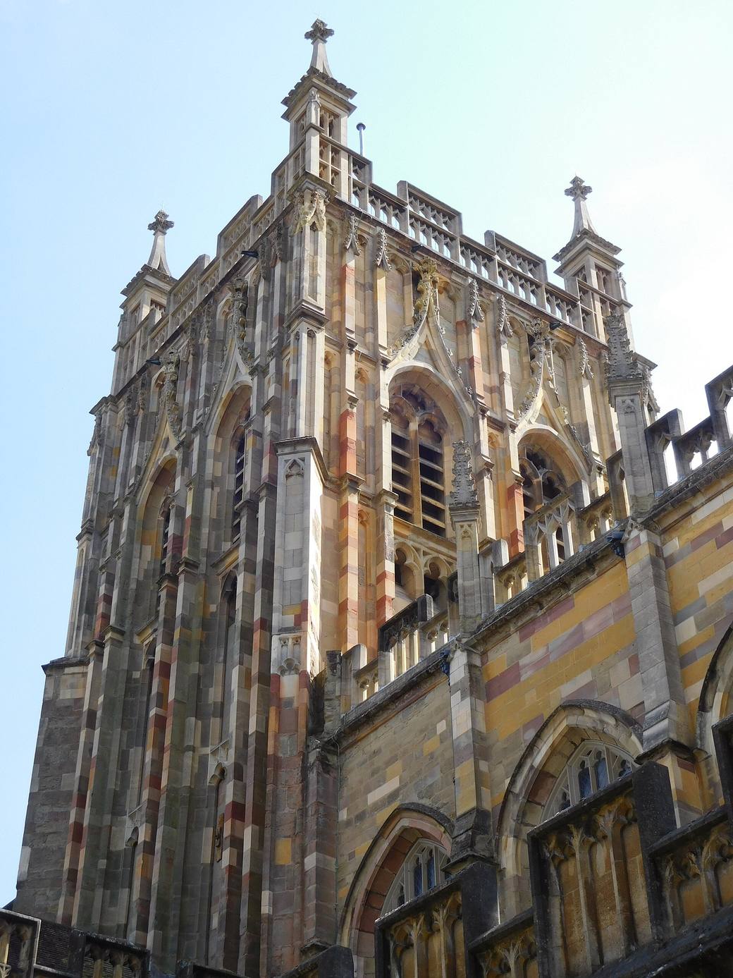 The pinnacled Perpendicular central tower of Great Malvern Priory