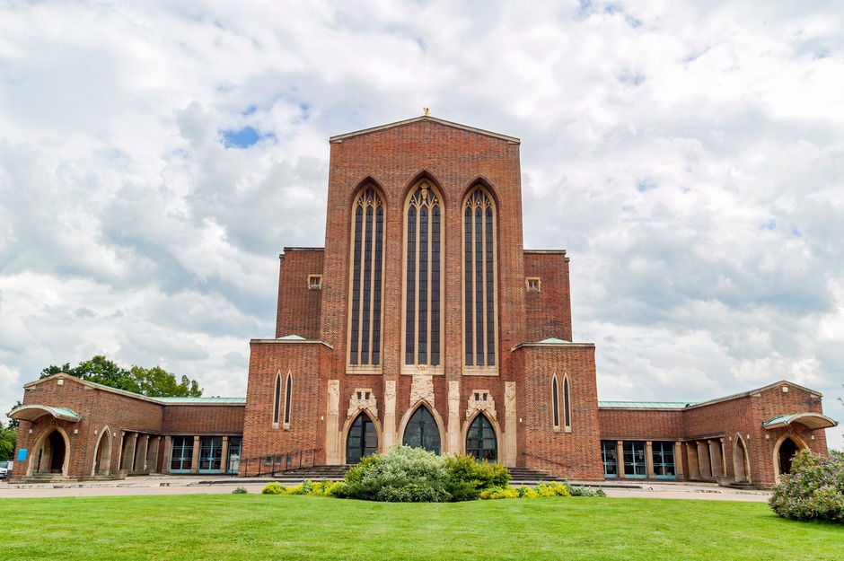The red-brick west front of Guildford Cathedral