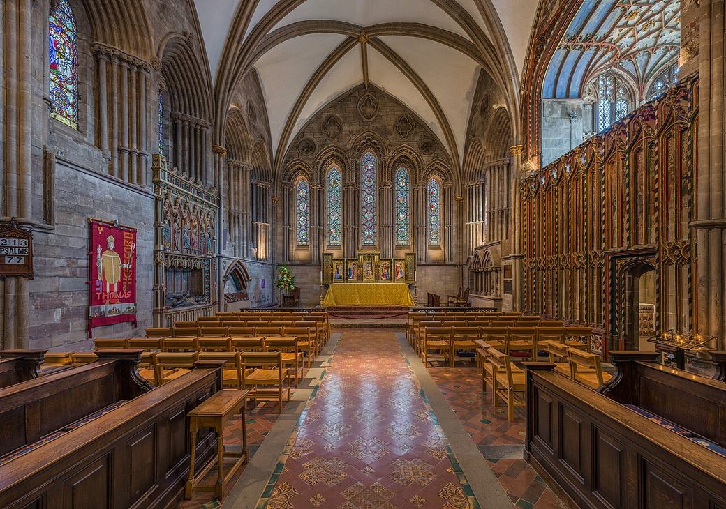 The Early English Lady Chapel at Hereford Cathedral looking east to its lancet windows