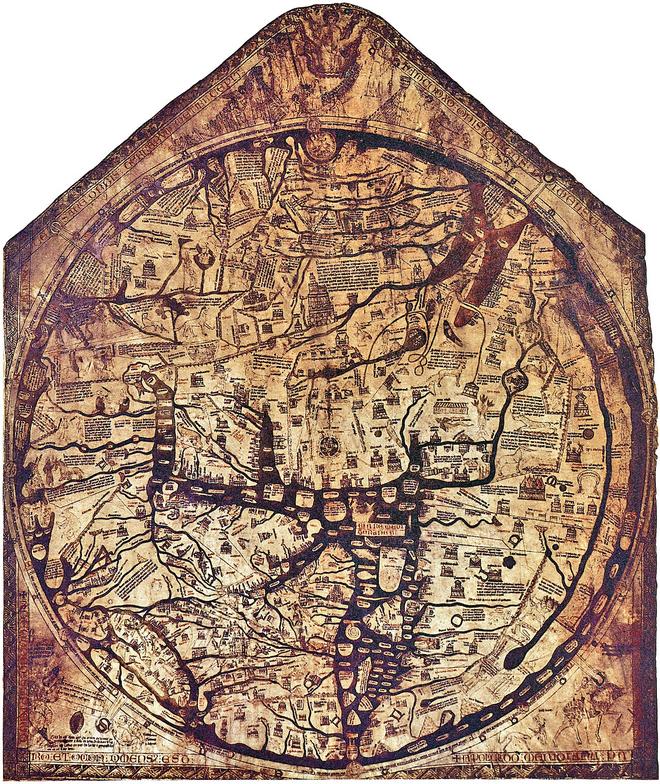 The Hereford Mappa Mundi, a medieval world map drawn on vellum with Jerusalem at its centre