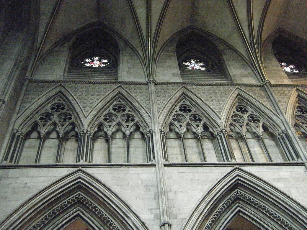 The straight-sided triangular arches of the north transept at Hereford Cathedral