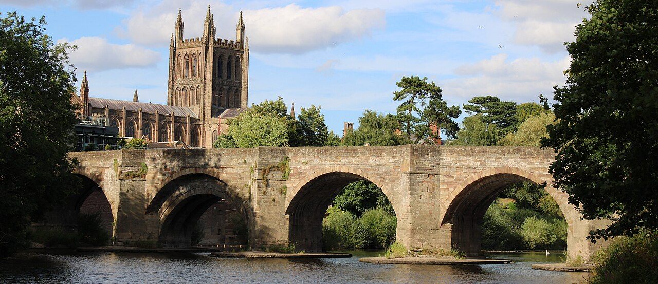 Hereford Cathedral's tower seen beyond the medieval Wye Bridge over the River Wye