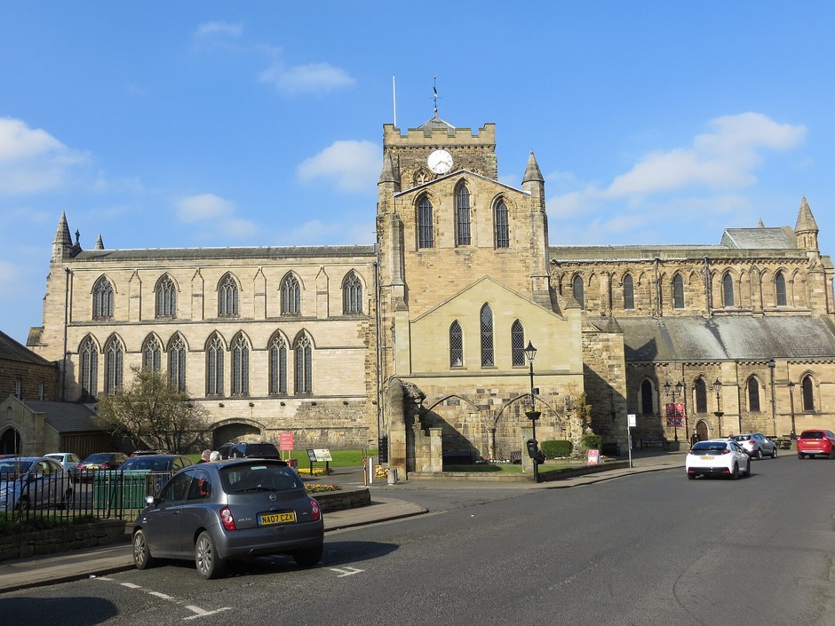 Hexham Abbey and its central tower from the street