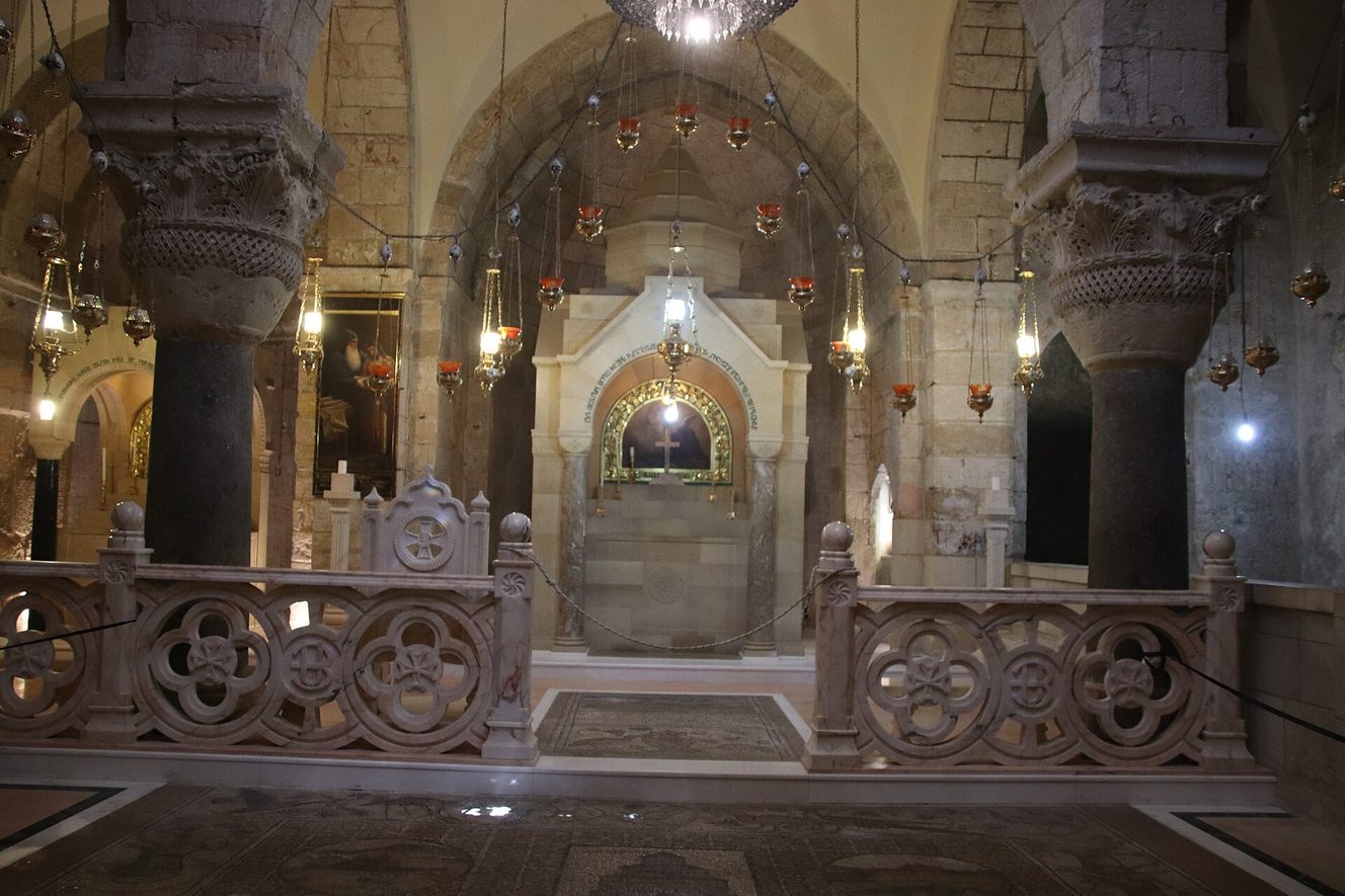 The Armenian Chapel of St Helena below the Church of the Holy Sepulchre, with hanging lamps and ancient columns