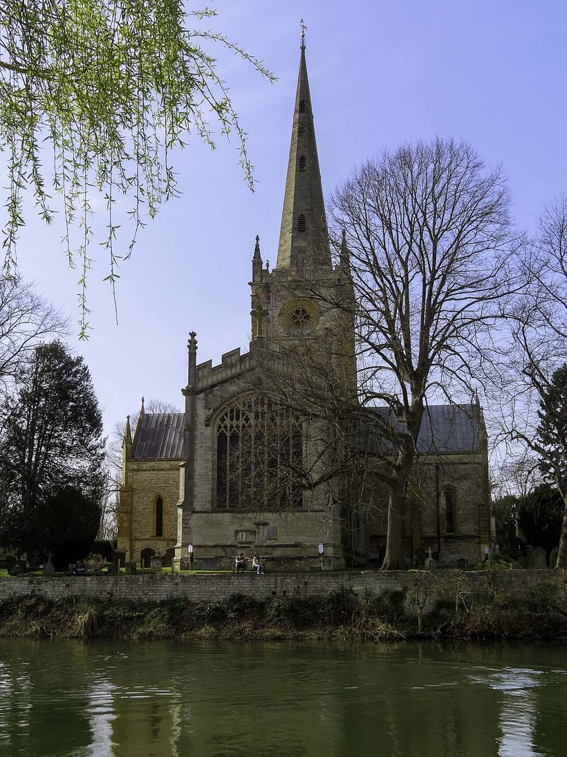 Holy Trinity Church and its spire seen across the River Avon at Stratford