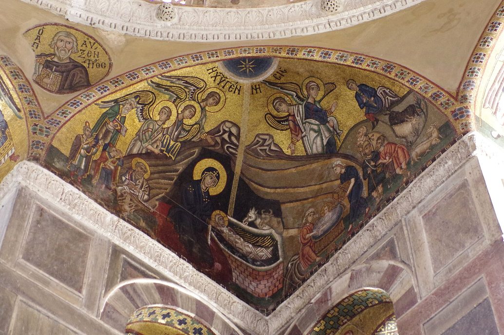 The Nativity in gold-ground mosaic on a squinch under the dome of the Katholikon at Hosios Loukas
