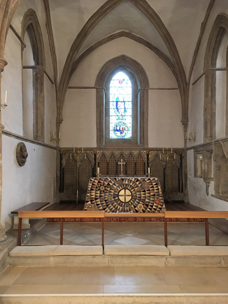 The east end of the chancel at Iffley church with its altar and lancet window
