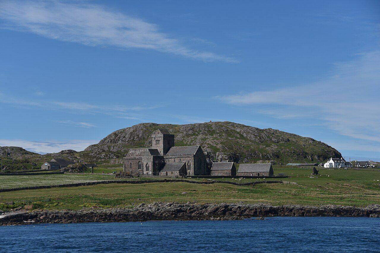 Iona Abbey below the hill of Dun I, seen across the Sound of Iona
