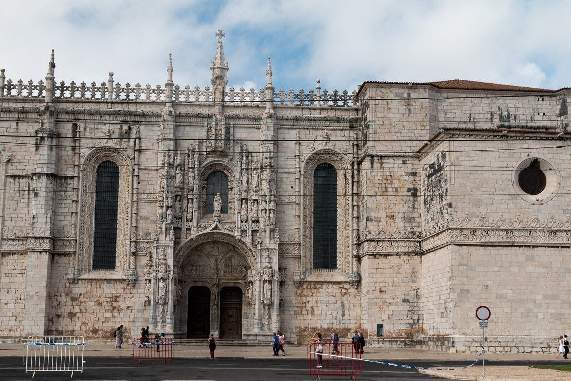 The south front of Jeronimos Monastery with its great carved side portal