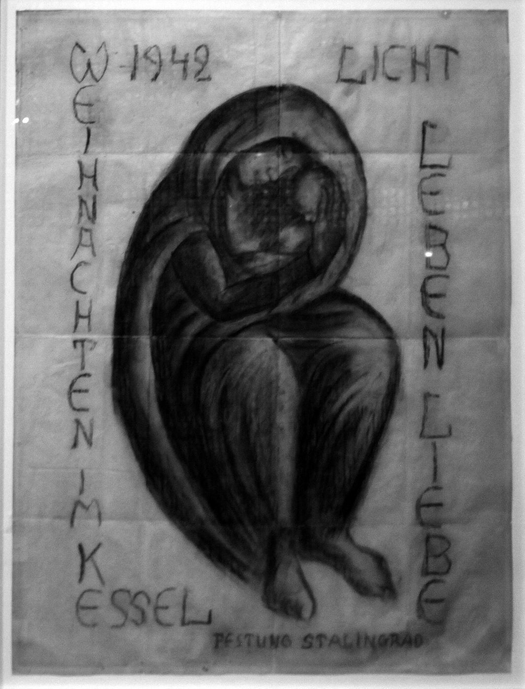 Kurt Reuber's charcoal drawing of the Virgin wrapping the Child in her cloak, with the words Light, Life, Love