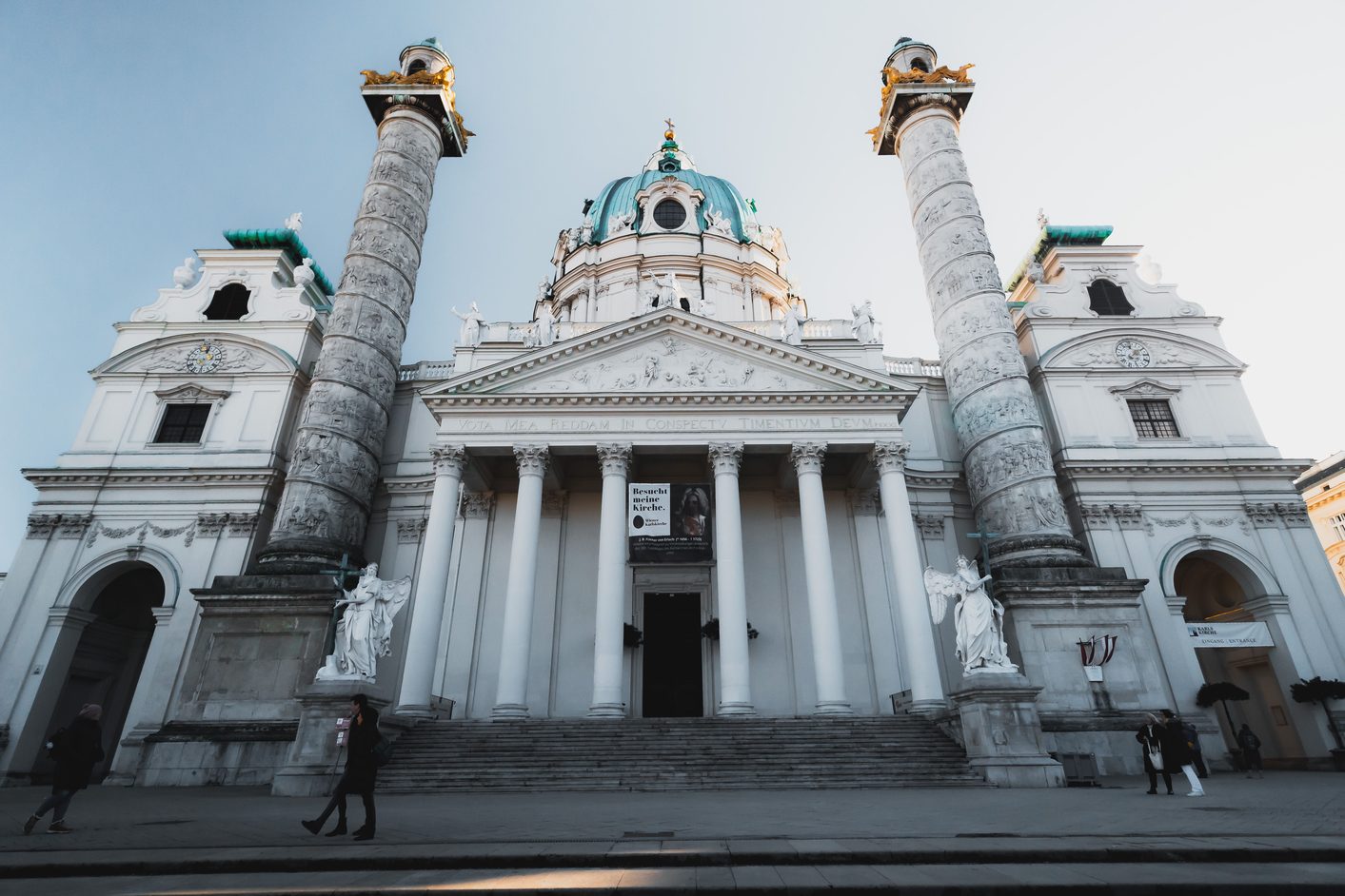 The portico and columns of the Karlskirche in Vienna seen from the steps