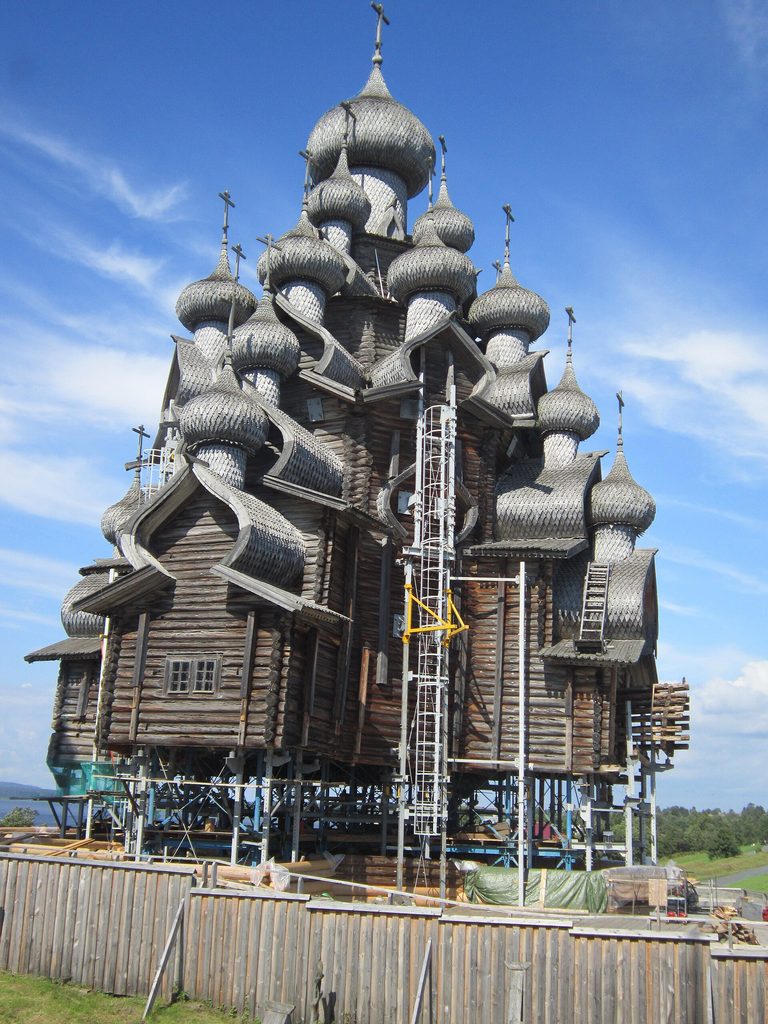 The Church of the Transfiguration at Kizhi surrounded by scaffolding and supports during its restoration