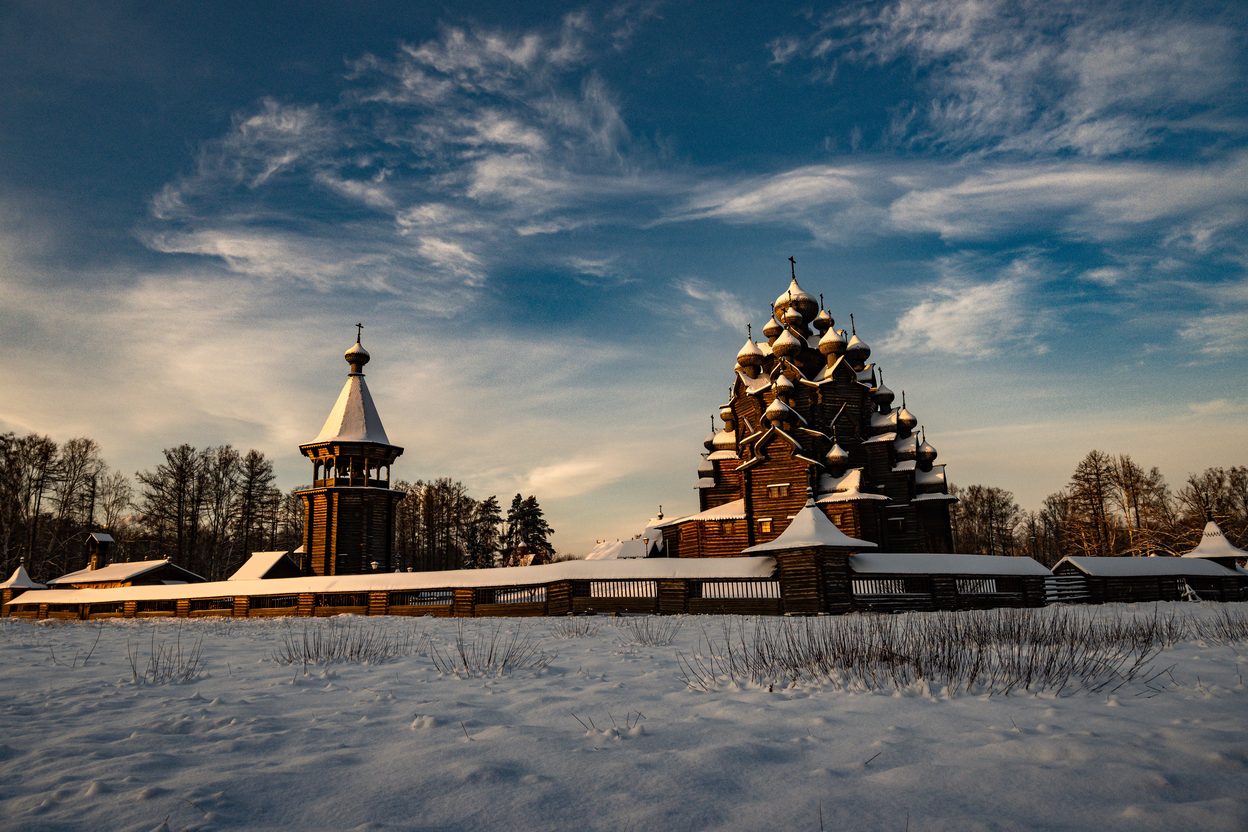 The Kizhi Pogost in winter, its domes standing above the snow-covered island