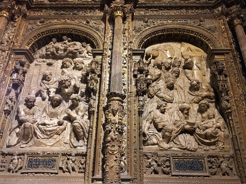 Renaissance alabaster reliefs of crowded biblical scenes on the trascoro, the screen behind the choir, in León Cathedral