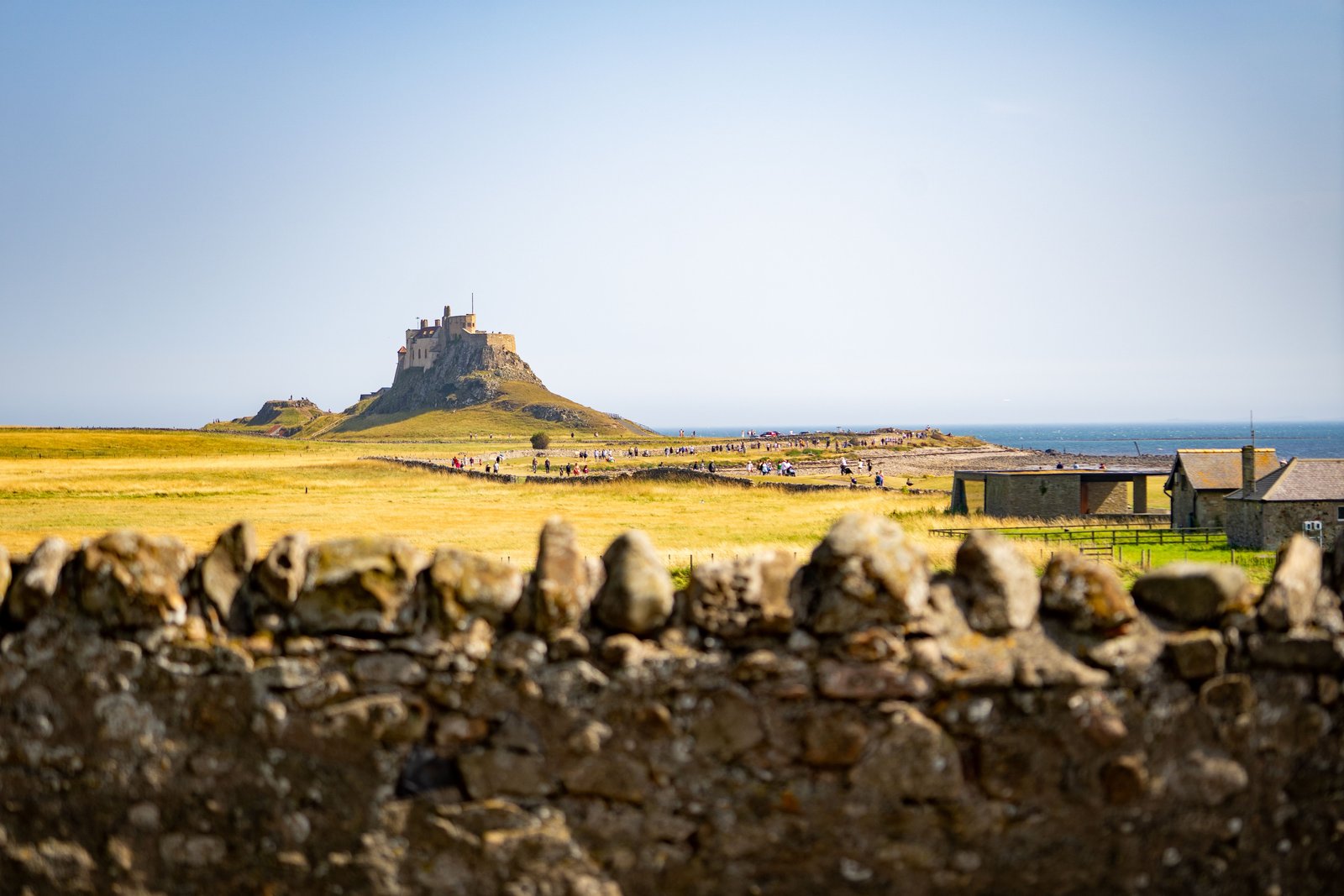 The flat fields of Holy Island with Lindisfarne Castle on the horizon