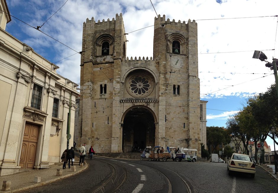 The twin towers and rose window of Lisbon Cathedral