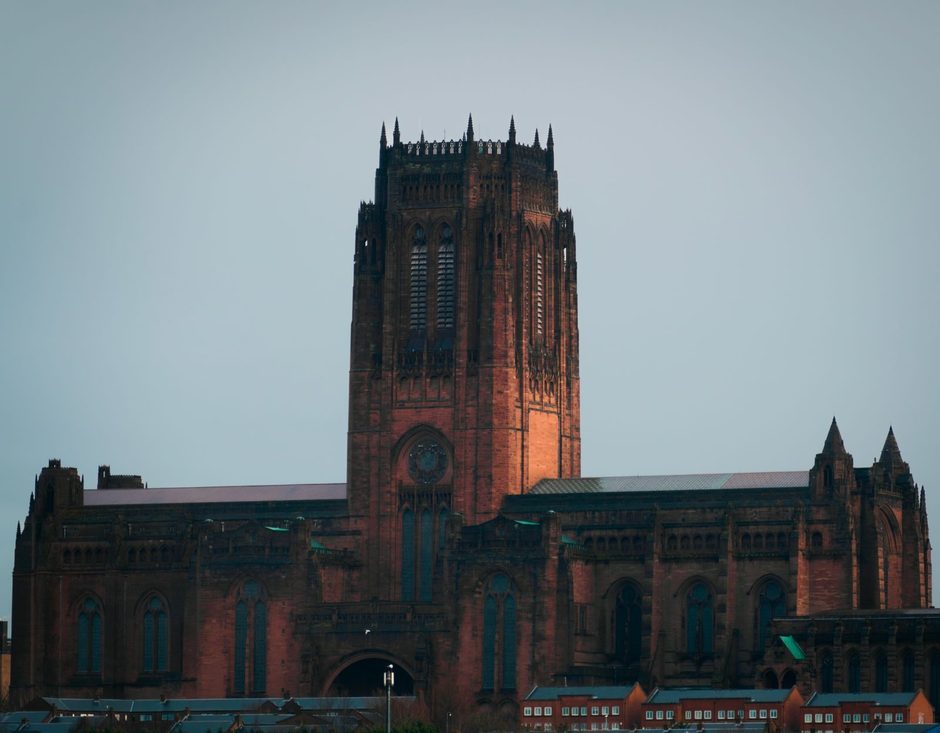 Liverpool Cathedral's Gothic tower in dramatic light