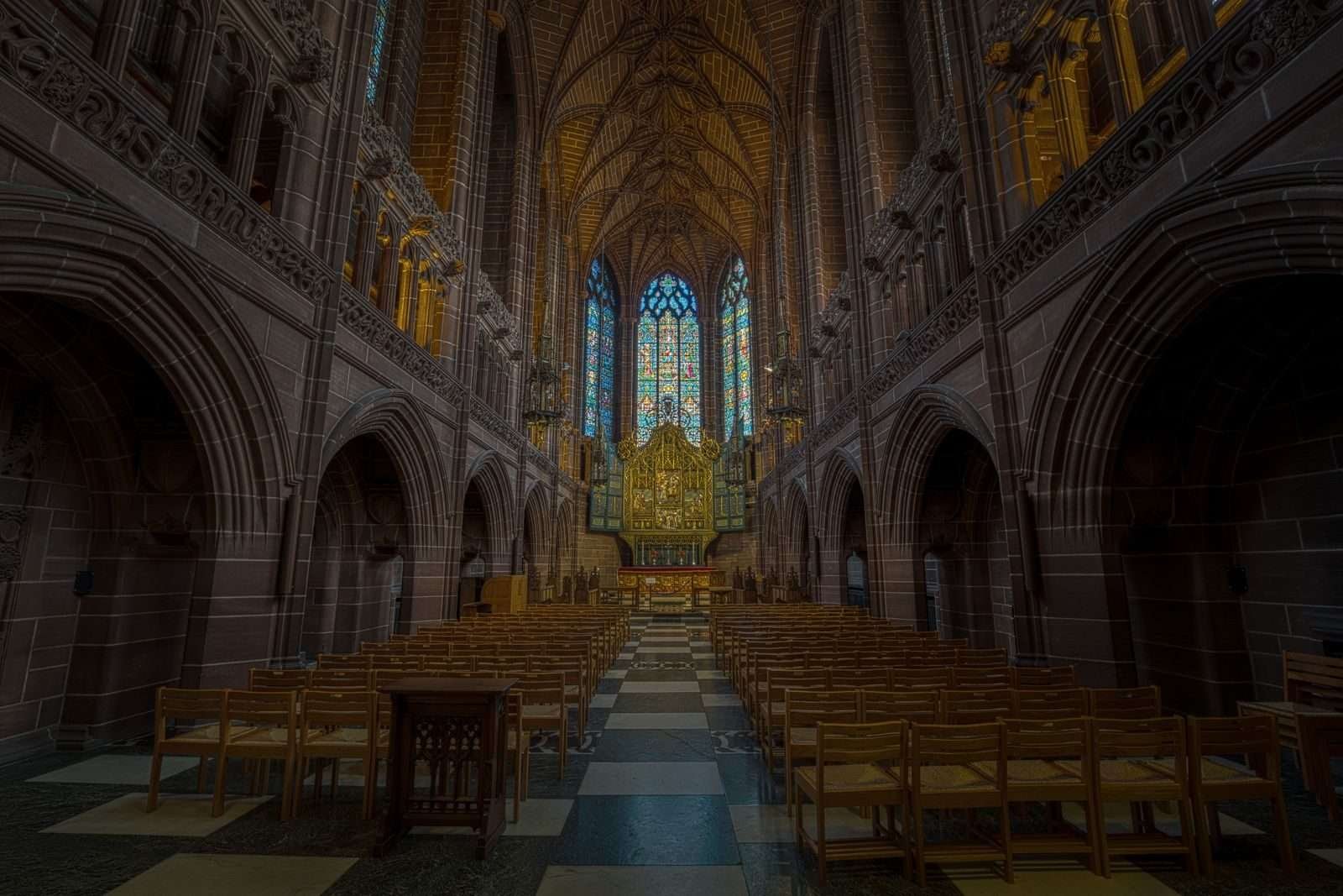 The Gothic interior and stained glass of Liverpool Cathedral