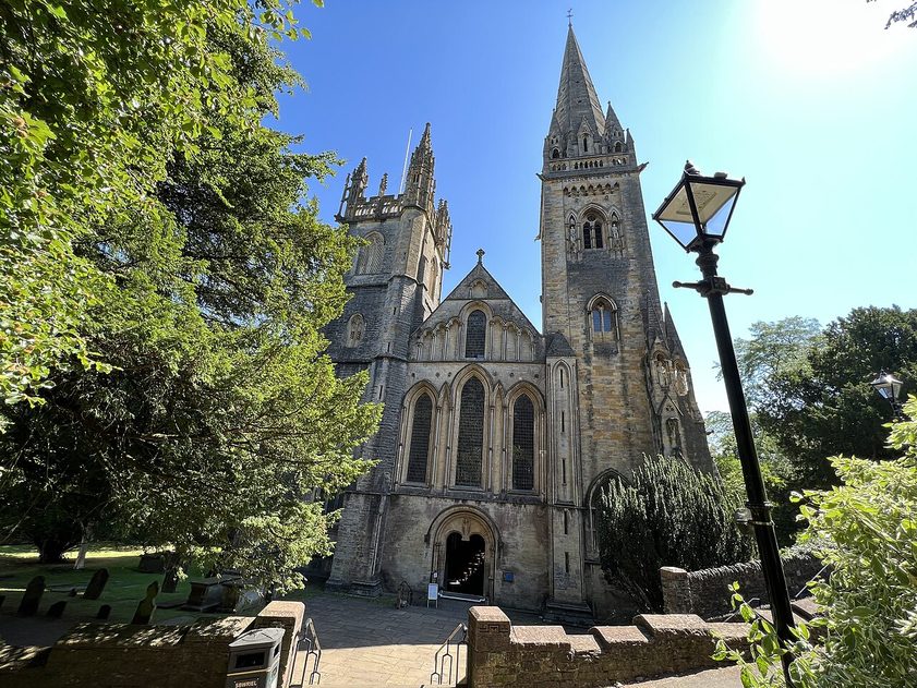 The west front of Llandaff Cathedral, with its two towers, one with a spire