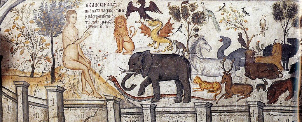 A post-Byzantine fresco of Adam seated in paradise naming the animals, including an elephant, at St Nicholas Anapafsas