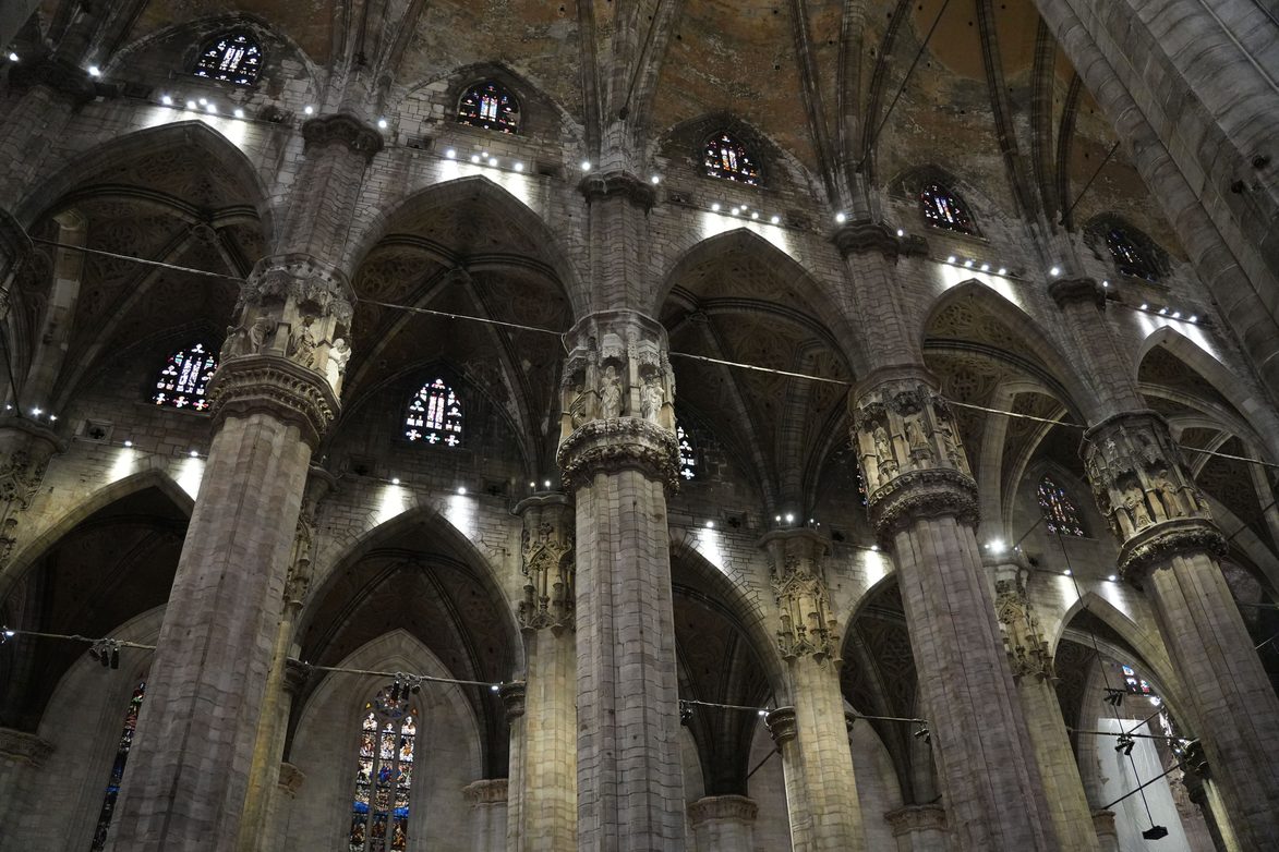 The towering piers and Gothic vaults of the nave of Milan Cathedral