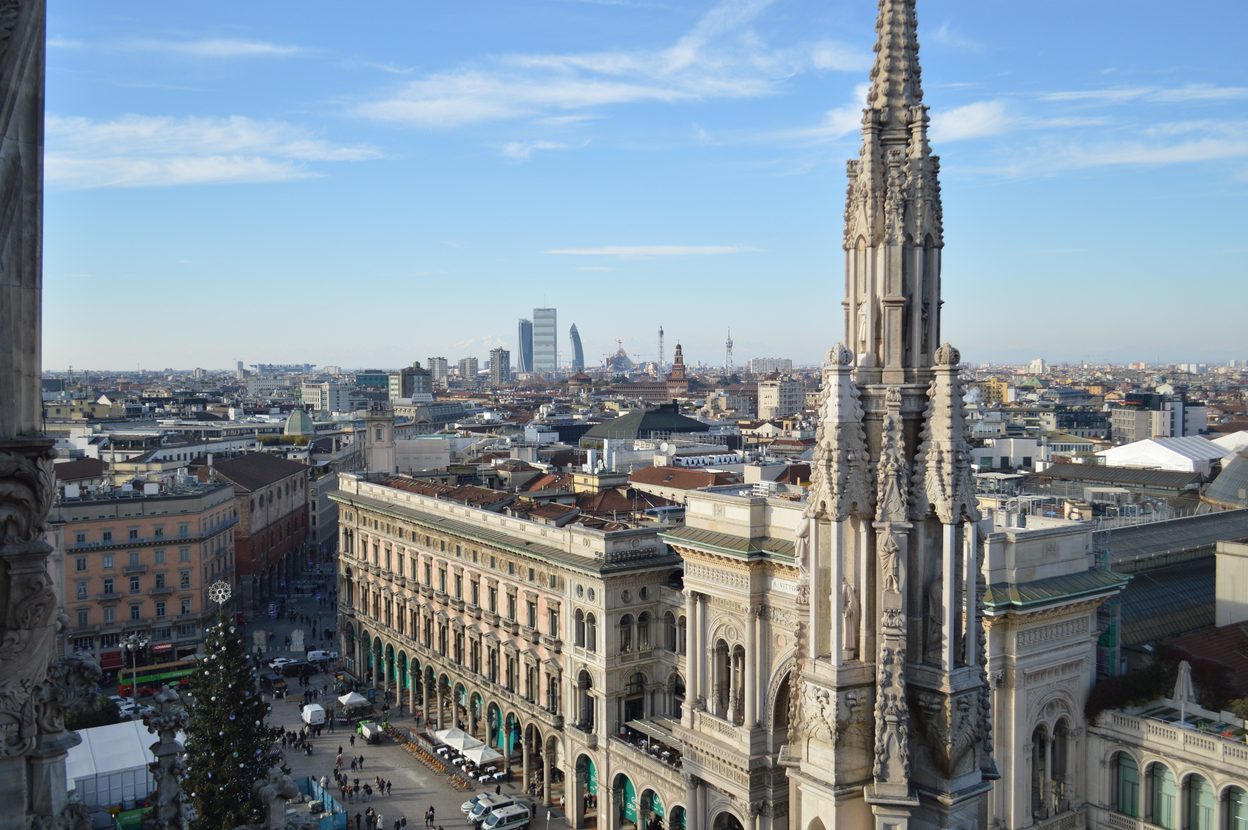 View from the roof of Milan Cathedral over the Galleria Vittorio Emanuele II and the city