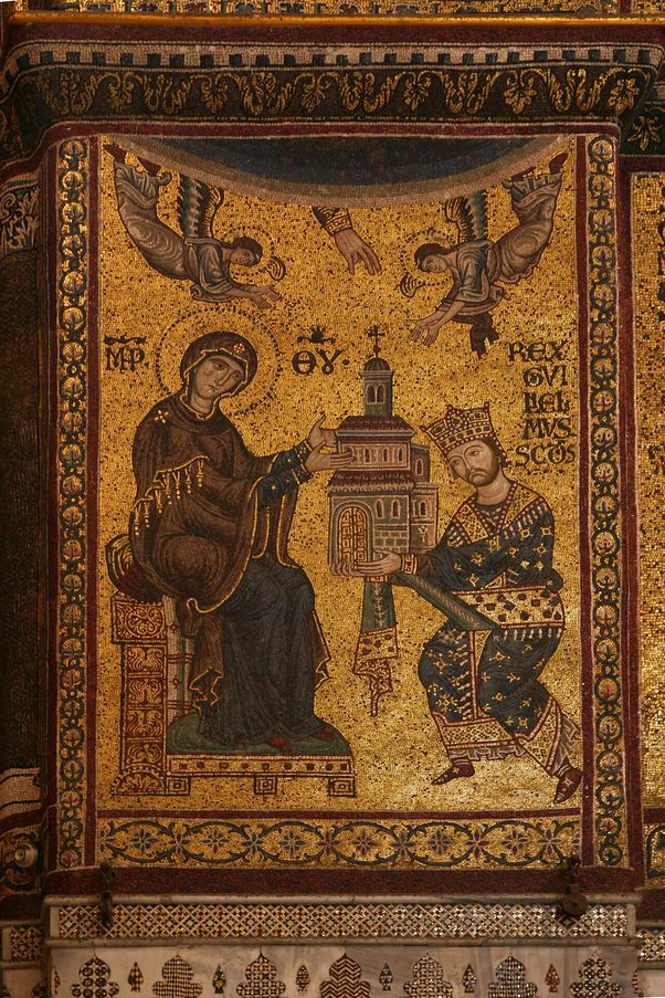 Mosaic of King William II offering a model of Monreale Cathedral to the enthroned Virgin and Child
