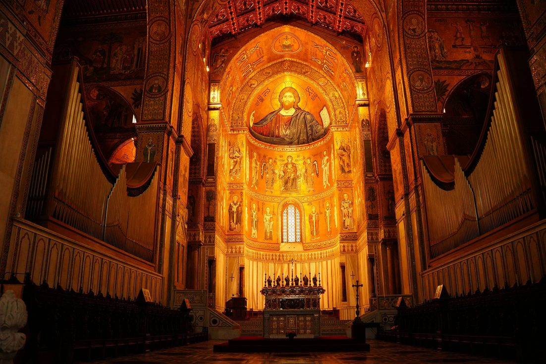 The golden mosaic apse of Monreale Cathedral, with the great figure of Christ Pantocrator above the high altar