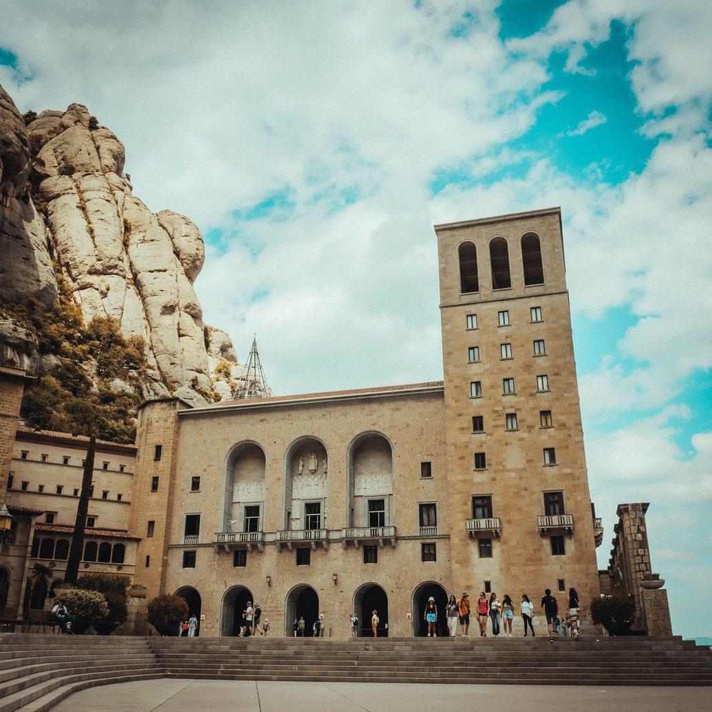 The arcaded front of the monastery and its tower on the main square at Montserrat