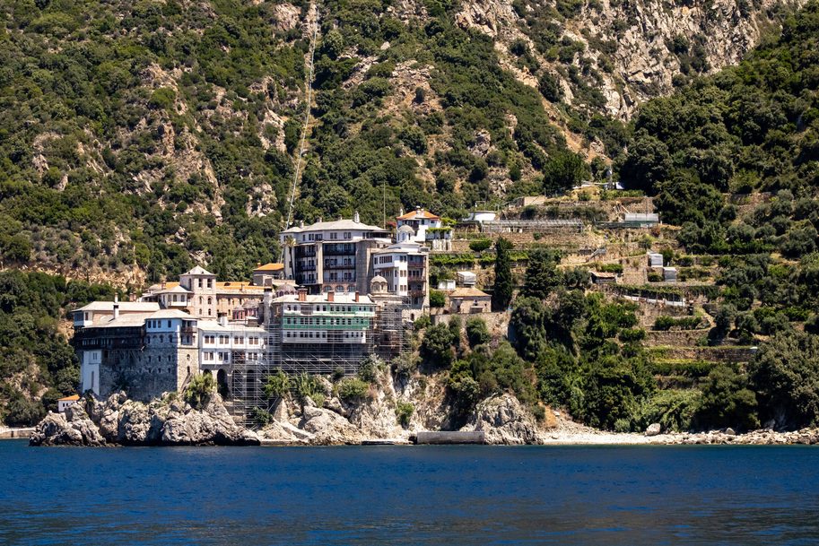 A monastery on the coast of Mount Athos seen from the sea