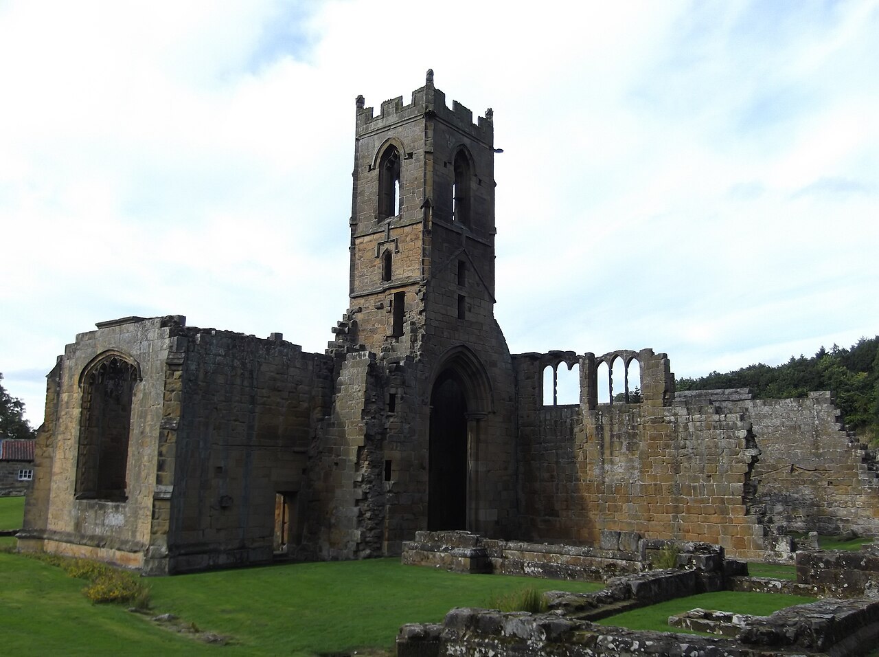 The small ruined church of Mount Grace Priory with its central tower