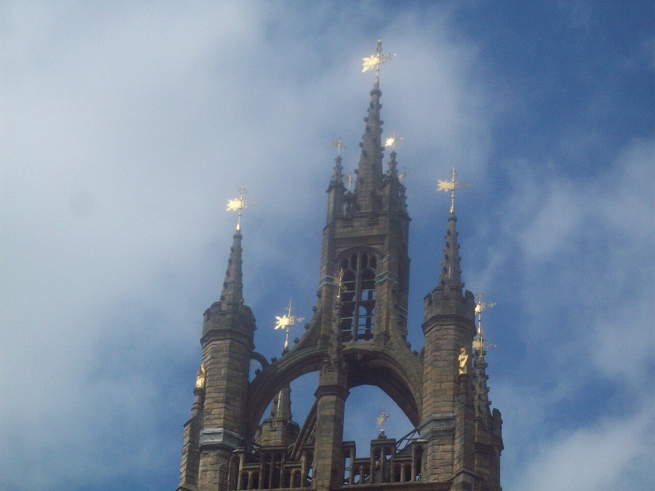 The lantern on top of Newcastle Cathedral's tower, an open crown of stone on four flying buttresses with pinnacles