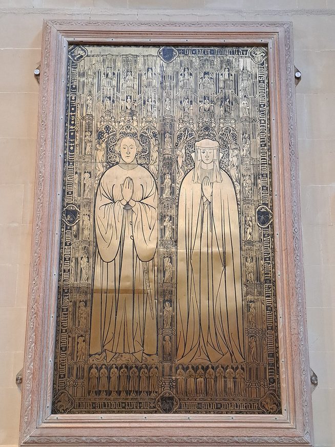 The Thornton brass, a large Flemish memorial brass engraved with the figures of Roger and Agnes Thornton under canopies