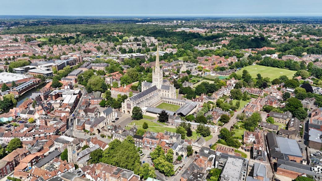 An aerial view of Norwich Cathedral and its cloister in the city